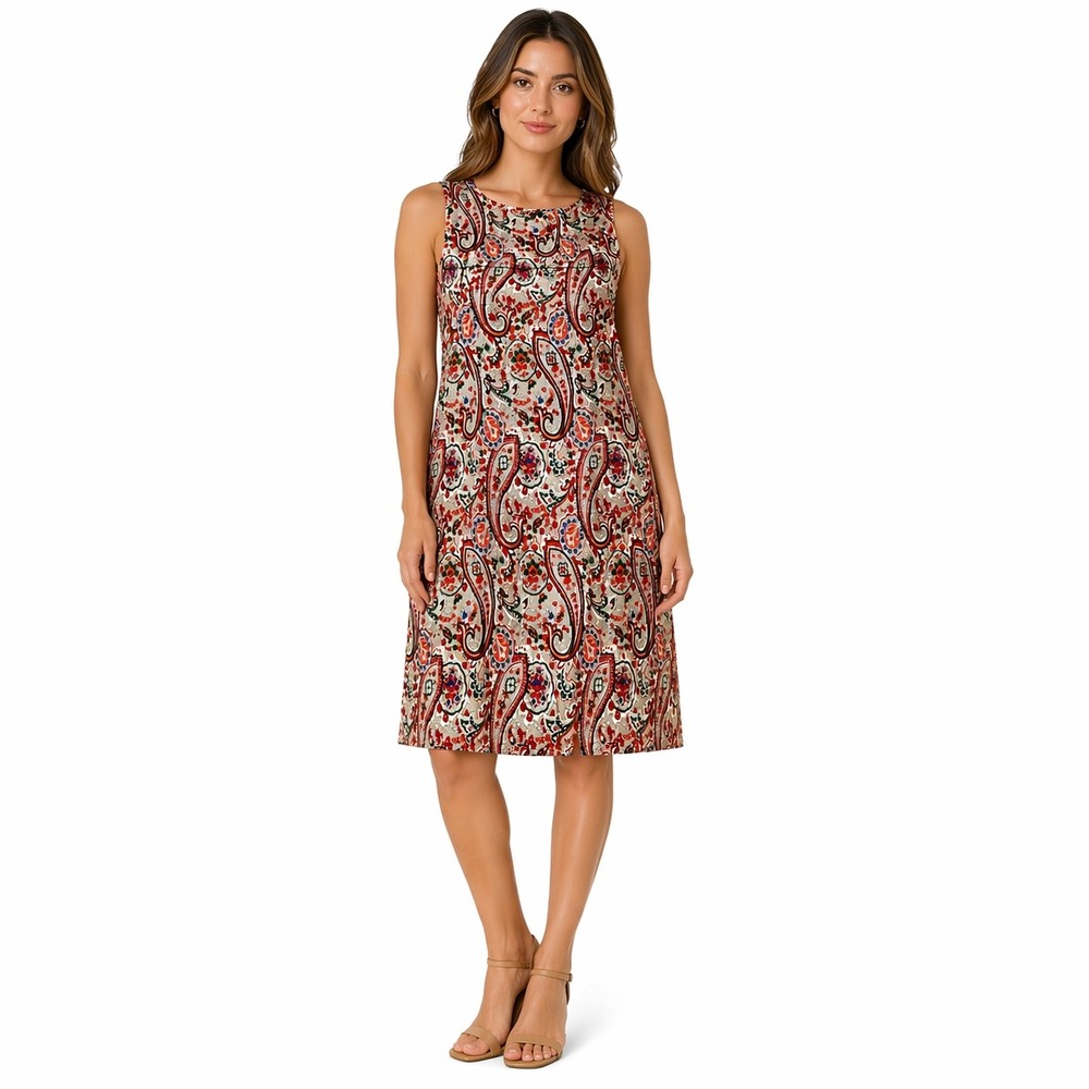 Irina Krylova Linen Paisley Midi Dress NEW XL Red Grey Sleeveless Sheath AS00140